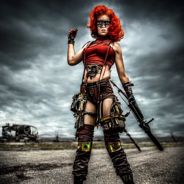 Image similar to full length photo of a very beautiful female atompunk warrior with weapons, 8 k, hdr, smooth, sharp focus, high resolution, award - winning photo