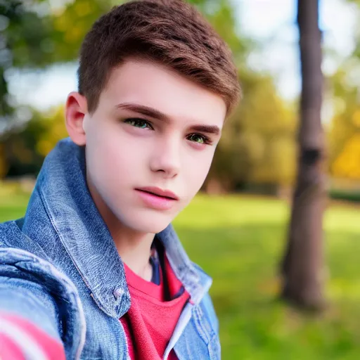 Prompt: teenage boy, photography, 4 k, zoom lens, young male face, ultra - realistic, selfie, phone camera