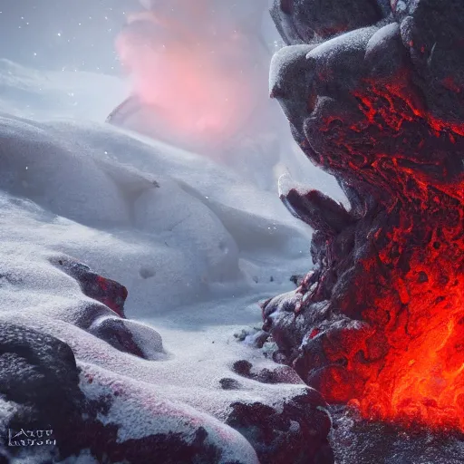 Image similar to a lava man on a snowy biome, heatwave, fantasy, hyper realism, behance, artstation, unreal engine 5, octane, deviantart