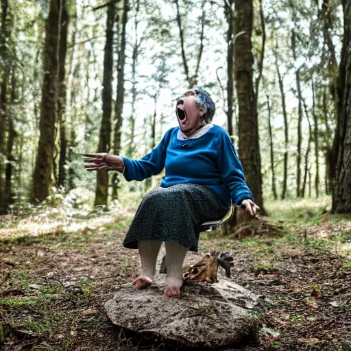 Prompt: elderly woman screaming at a terrifying creature in the woods, canon eos r 3, f / 1. 4, iso 2 0 0, 1 / 1 6 0 s, 8 k, raw, unedited, symmetrical balance, wide angle