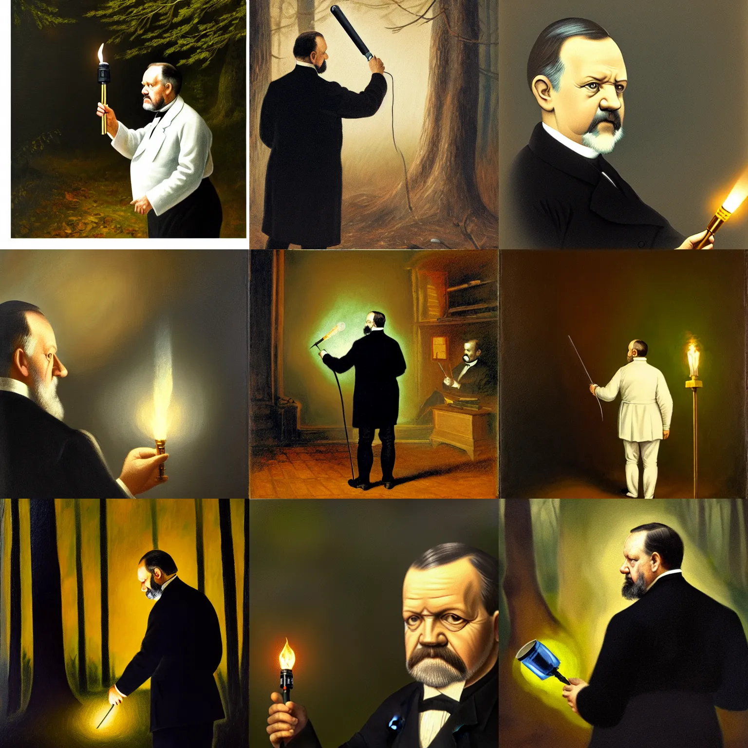 Image similar to Back-view, long shot, photorealistic painting of Louis Pasteur with a torch in a dark forest