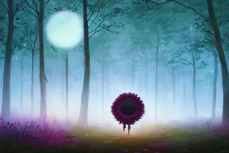 Image similar to giant daisy flower as face, girl walking in forest, surreal photography, dark night, stars, moon light, impressionist painting, clouds, digital painting, artstation, simon stalenhag