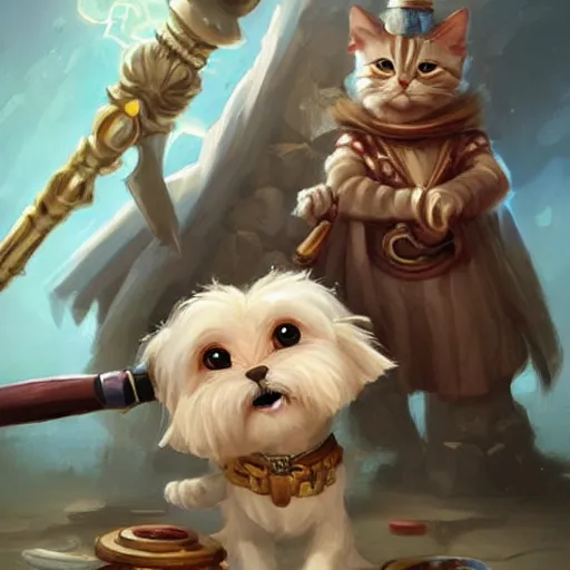 Image similar to cute little anthropomorphic one Maltese Terrier and one tabby cat, wielding a magic staff, tiny, small, short, Wizard robe, cute and adorable, pretty, beautiful, DnD character art portrait, matte fantasy painting, DeviantArt Artstation, by Jason Felix by Steve Argyle by Tyler Jacobson by Peter Mohrbacher, cinema