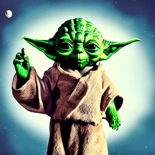 Image similar to “an 8k hi res extremely detailed photorealistic magazine editorial photo shoot pic of yoda with a long bear holding up and praising a glowing hemp leaf on a strange moon. Colorized”