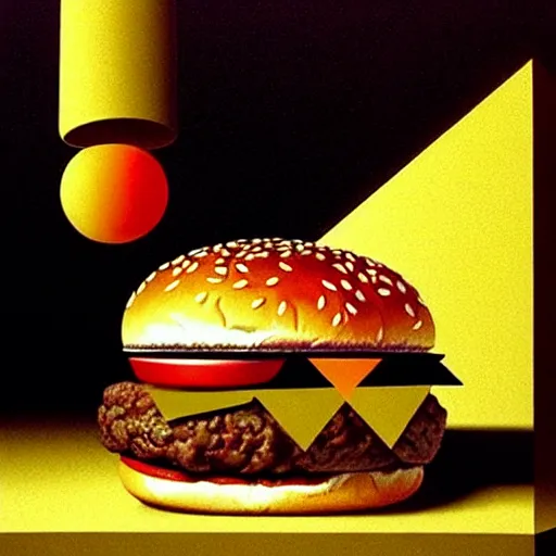 Prompt: hyperrealistic still life portrait of a big mac hamburger exploding inside of a serene temple, beautiful plans, sacred geometry, light refracting through prisms in a tesseract, by Caravaggio, botanical print, surrealism, vivid colors, serene, golden ratio, rule of thirds, negative space, minimalist composition