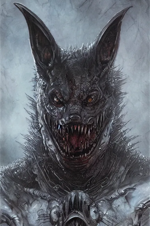 Image similar to portrait of a wolf ork bat hybrid by hr giger, greg rutkowski, luis royo and wayne barlowe as a diablo, resident evil, dark souls, bloodborne monster