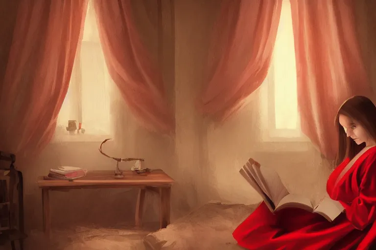 Prompt: A beautiful young woman sitting in her room reading a book. She is wearing a red robe and holding a quill pen. The room is dimly lit, with only a small lamp providing illumination. Fantasy, digital art, natural lighting, trending on artstation