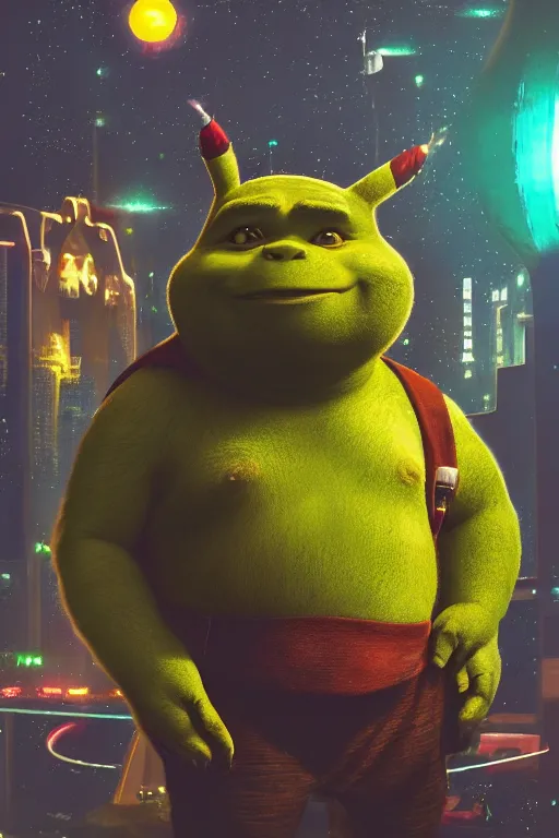 Image similar to portrait of Shrek dressing up as Pikachu, rule of thirds, captivating glowing lights, Star Trek setting, on Cyberpunk Mars, photo realistic by Yaşar VURDEM , artstation, unreal engine, character concept art by Moebius, high quality printing