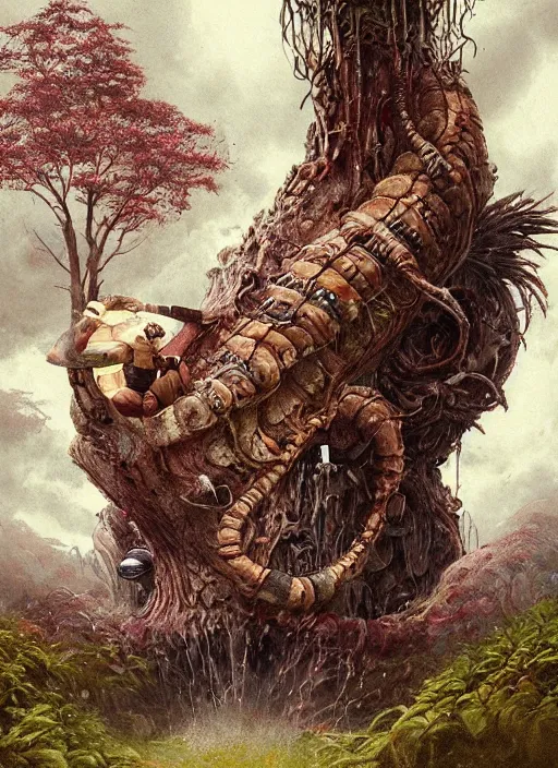 Image similar to giant catepillar smoking a water pipe sitting on a giant mushroom,highly detailed,cinematic,Tarot card,8k,by Stanley Artgermm,Tom Bagshaw,Greg Rutkowski,Carne Griffiths, Ayami Kojima, Beksinski, Giger,trending on DeviantArt,hyper detailed,horror, full of colour