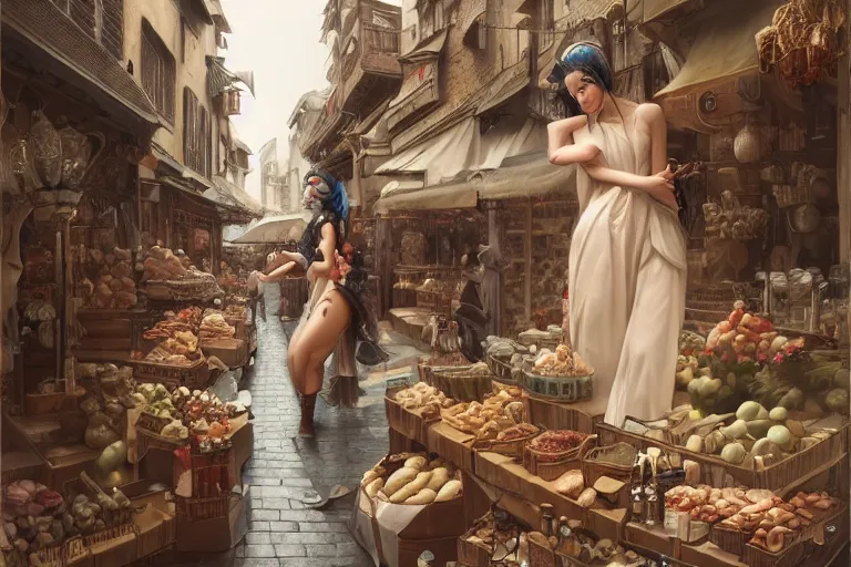 Image similar to seductive hoyeon jung shopping at ancient renaissance florence street vendors, rule of thirds, serene, face anatomy, by wlop, peter mohrbacher, james jean, jakub rebelka, visually stunning, beautiful, masterpiece