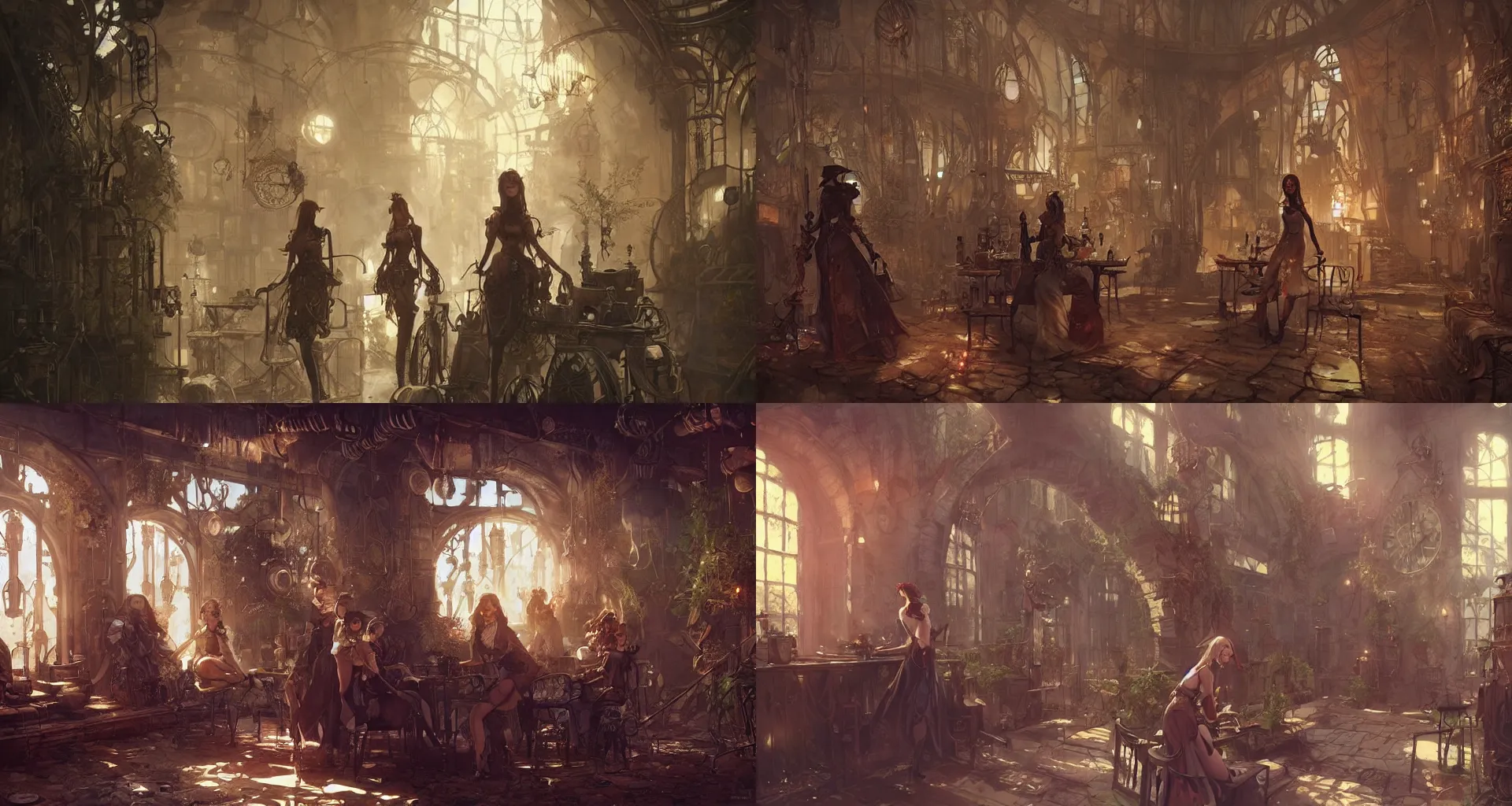 Prompt: women at the Interior of a Steampunk garden Greg Rutkowski, Milo Manara, ArtStation, CGSociety, Unreal Engine