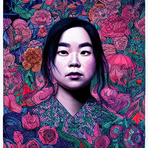 Image similar to portrait of mitski, an ultrafine detailed illustration by james jean, intricate linework, bright colors, final fantasy, behance contest winner, vanitas, angular, altermodern, unreal engine 5 highly rendered, global illumination, radiant light, detailed and intricate environment