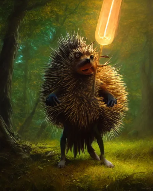 Prompt: oil painting of a Anthropomorphized hedgehog shaman casting nature spell, magical glow, sharp focus, heroic pose, fantasy style, octane render, volumetric lighting, 8k high definition, by greg rutkowski, highly detailed, trending on art Station, magic the gathering artwork, Woodland background, centered