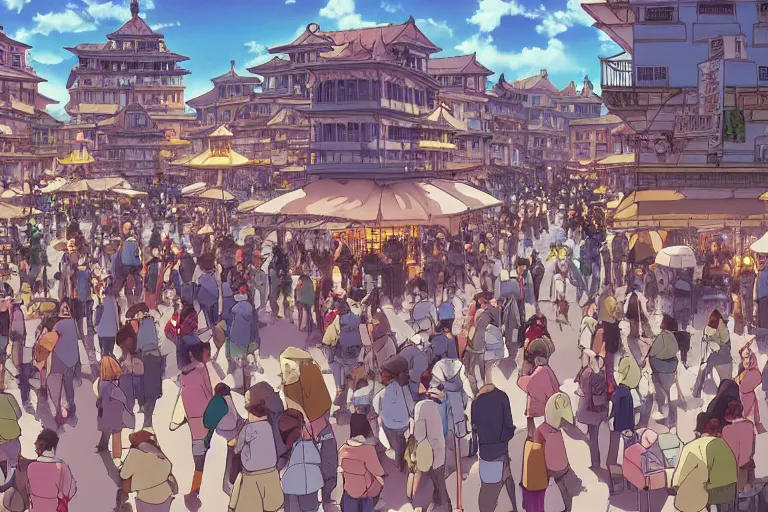 Image similar to cell shaded anime key visual of a renaissance city square, crowds of people, in the style of studio ghibli, moebius, makoto shinkai, dramatic lighting