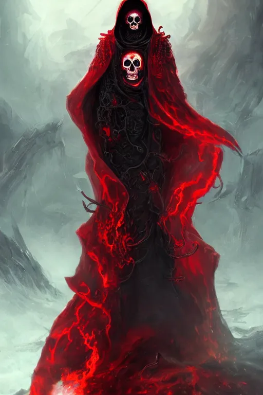 Prompt: A full body portrait of a mysterious character with a flaming skull with a very long hooded blood red and black cloak, tentacles coming out the ground art by Jason Chan and Shaddy Safadi, ominous, cosmic horror, trending on artstation, Ultra detailed, hyper realistic 4k