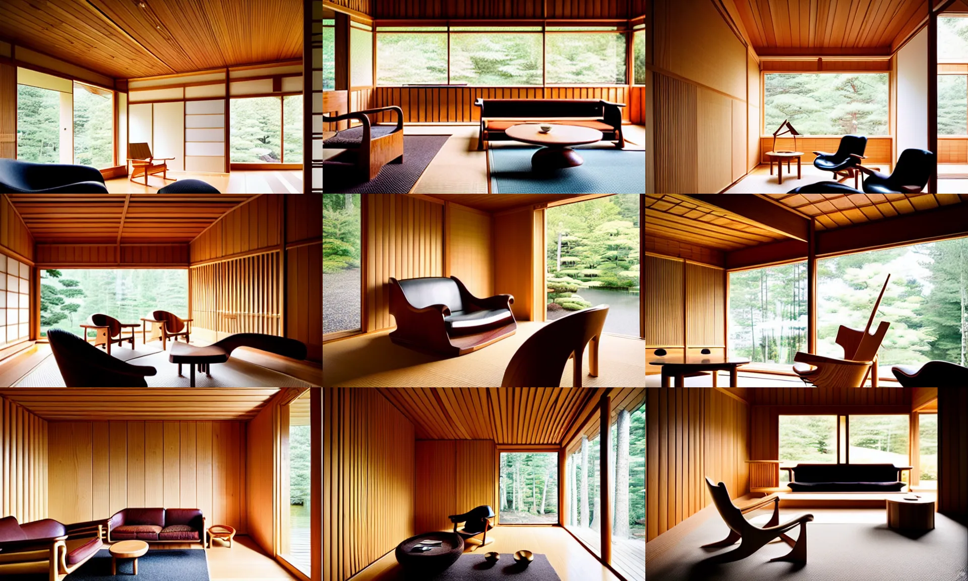 Prompt: luxurious wooden cottage by alvar aalto, modern furnished japanese living room, japanese flower arrangements, coherent composition, extremely detailed furnitures, architecture photography