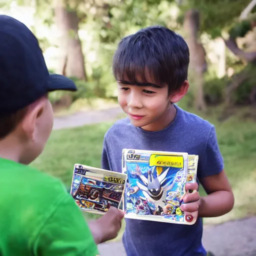 Image similar to boy showing his pokemon cards to the camera.