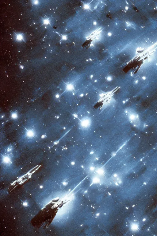 Image similar to hubble photograph of a space marine carrier fleet exiting hyperspace, subdued and unremarkable image