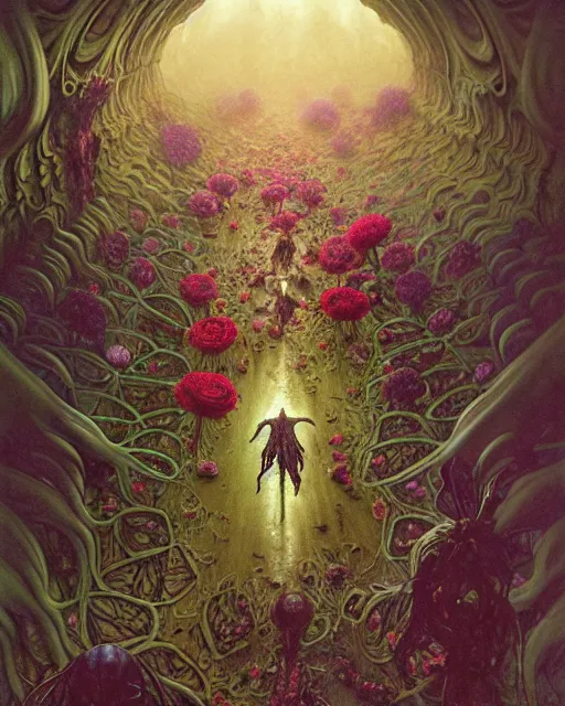 Image similar to the platonic ideal of flowers, rotting, insects and praying of cletus kasady carnage davinci dementor chtulu mandelbulb mandala ponyo dinotopia the witcher, fantasy, ego death, decay, dmt, psilocybin, concept art by randy vargas and greg rutkowski and zdzisław beksinski and alphonse mucha