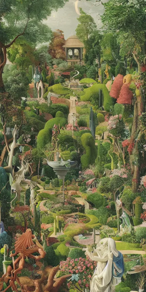 Image similar to bosch and beeple painting of a magnificent garden filled with remarkable sculptures, trees, and structures, incredible details