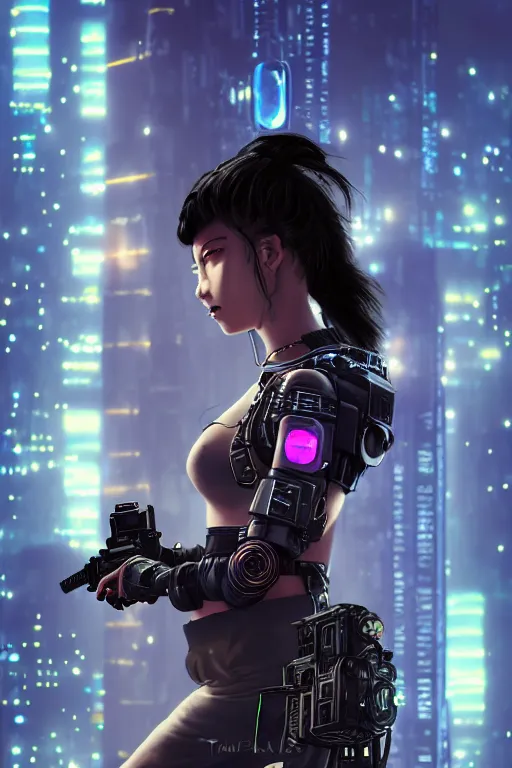 Image similar to portrait futuristic trustworthy cyberpunk young female gunner, in futuristic heavily sandstorm tokyo rooftop cyberpunk night, ssci-fi, fantasy, intricate, very very beautiful, elegant, neon light, highly detailed, digital painting, concept art, human anatomy, soft light, hdri, smooth, sharp focus, illustration, art by tian zi and craig mullins and WLOP and alphonse mucha