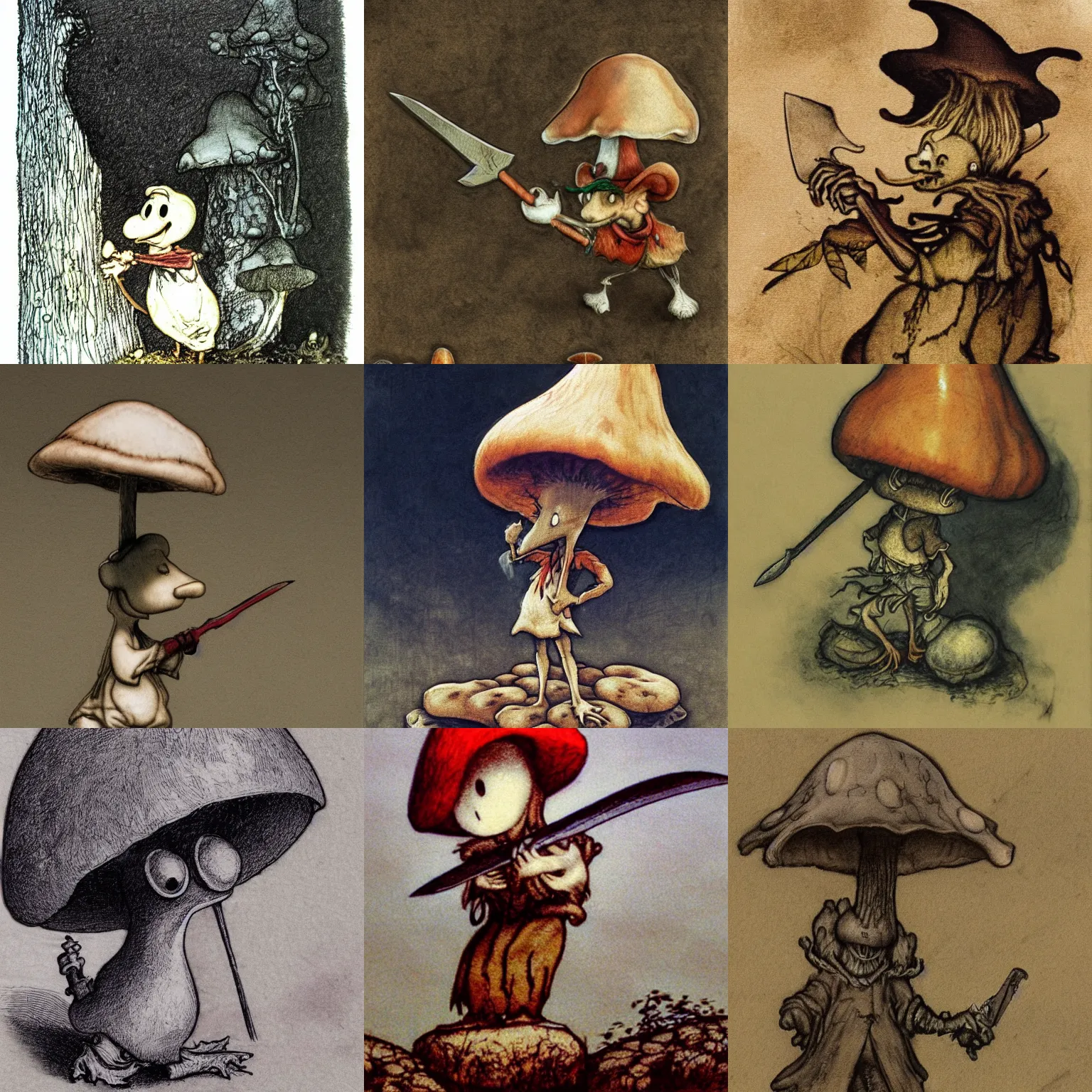 Prompt: fantasy anthropomorphic mushroom with a knife by arthur rackham, 4 k resolution, soft light, volumetric lighting