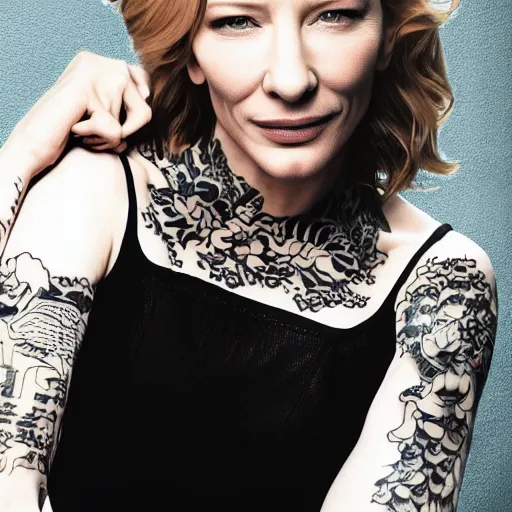 Image similar to high resolution image of cate blanchett with full body japanese tattoo , highly detailed, photorealistic, 4k