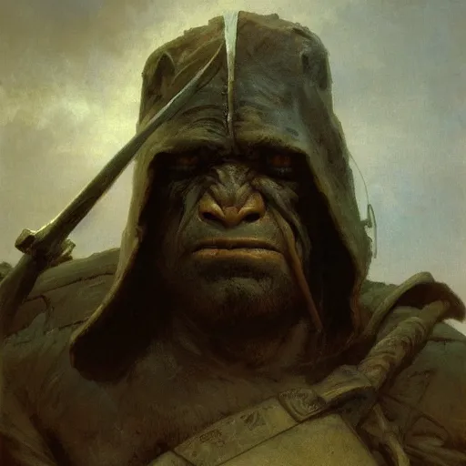 Prompt: half portrait of orc barbarian wearing a closed cowl holding a axe! jeremy mann, jean leon gerome, alphonse mucha, greg rutkowski, hood covers his eyes, ( ( ruins of ancient rome ) ), at dusk, mysterious atmosphere, sunrays, dof, masterpiece, high detailed, 8 k