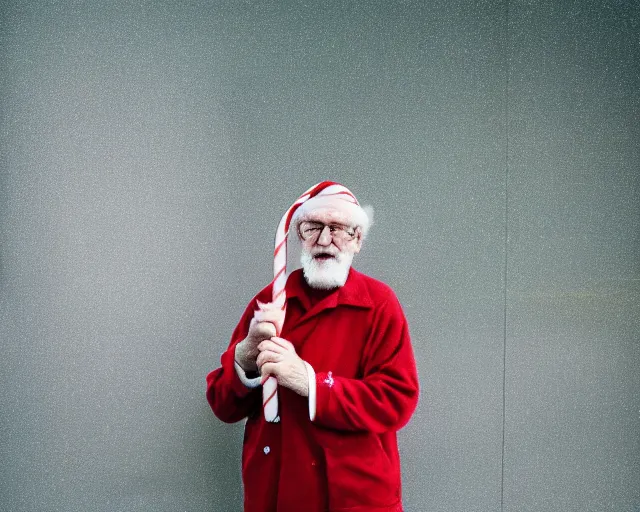 Prompt: an old man on a city bus holding a candy cane, portra 4 0 0 candid photograph portrait by annie leibovtz, 3 5 mm shot, f / 3 2, hyperrealistic, cinematic lighting, hd wallpaper, 8 k, 4 k