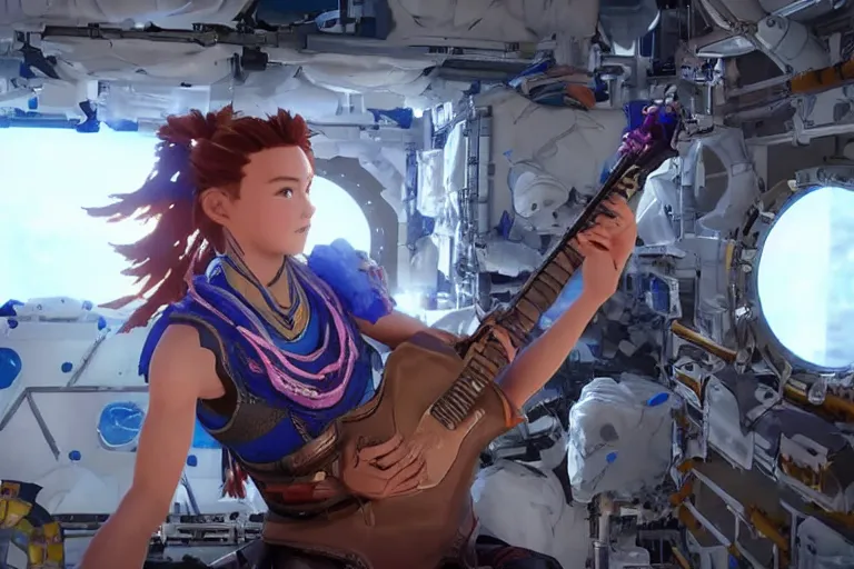 Image similar to aloy from the horizon zero dawn videogame playing the guitar in the international space station