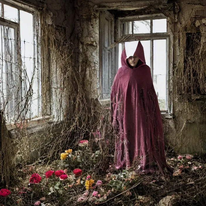 Image similar to a woman wearing a hooded cloak made of zinnias and barbed wire, in a derelict house, by David LaChapelle, natural light, detailed face, CANON Eos C300, ƒ1.8, 35mm, 8K, medium-format print