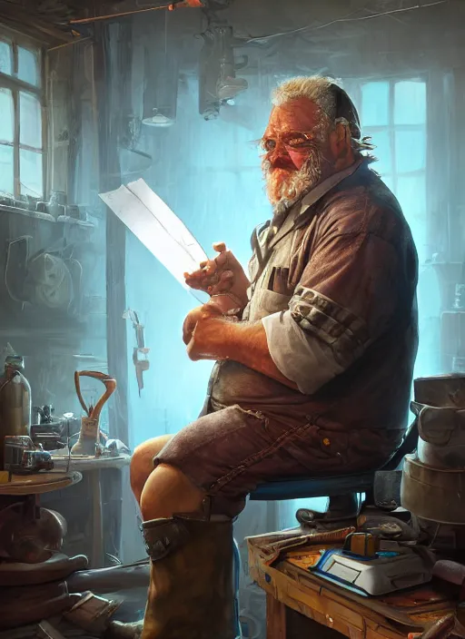 Image similar to An epic fantasy comic book style portrait painting of a an old tinker fat man working on a device in her workshop, unreal 5, DAZ, hyperrealistic, octane render, cosplay, RPG portrait, dynamic lighting