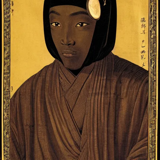 Prompt: dark-skinned Black African Tang Dynasty Byzantine bureaucrat wearing slim-cut robes with peaked hood and bulbous black cyberpunk visor covered in scrolling Arabic Chinese text covering eyes and worried facial expression :: floating orbs casting fluorescent light over scene :: Vogue photoshoot by Carvaggio, Barlowe, and Rembrandt