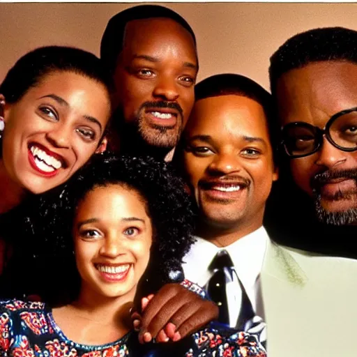 Prompt: will smith, alfonso ribeiro, james avery, karyn parsons, tatyana ali, joseph marcel, dj jazzy jeff, 1 9 9 0, publicity photo