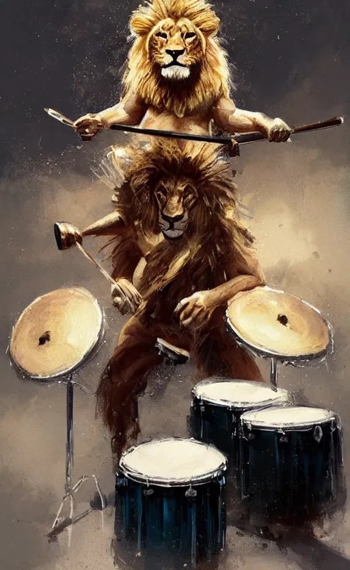 Prompt: a painting of a lion in a superstar outfit playing the drums with great energy, by greg rutkowski, featured on artstation