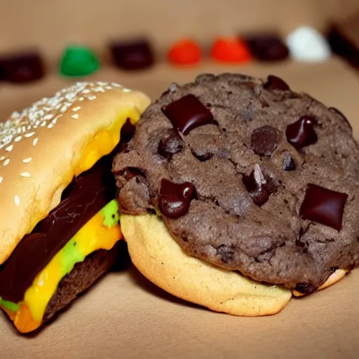 Prompt: a cheeseburger chocolate, chip cookie!!!! bun, food photography, highly detailed, advertisement