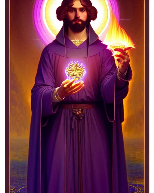 Prompt: portrait of saint germain, he holding the violet flame, it is a fire that is completely violet colored, intricate, elegant, highly detailed, digital painting, artstation, concept art, smooth, sharp focus, illustration, art by artgerm and greg rutkowski and fra angelico and alphons mucha