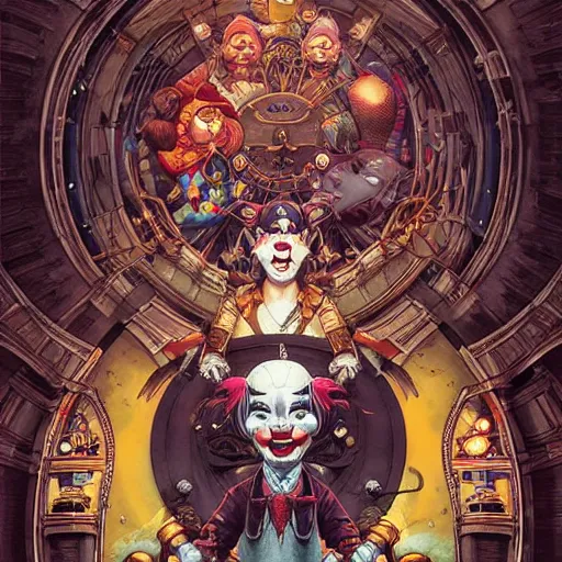 Image similar to 🔞☦🤡, rotary symmetrical, dynamic lighting, darker, not mirroring, detailed, by bambang nurdianshyah, garis edelweiss, roby dwi antono and dan mumford, ayami kojima, takato yamamoto, barclay shaw, karol bak, yukito kishiro, norman rockwell