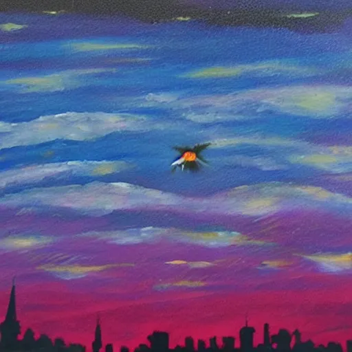 Prompt: paint acrylic a bird fly in the sky in the night over a town