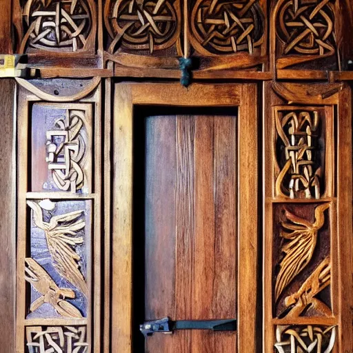 Image similar to wooden door made of gold gates nordic celtic in the top piece of a phoenix