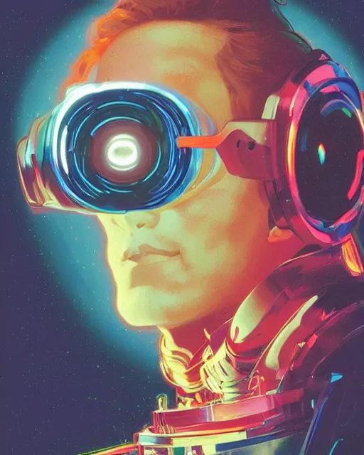 Prompt: side view future coder man, cyclops display over eyes and glowing headset, neon accents, holographic colors, desaturated headshot portrait vector painting by john berkey, tom whalen, alex grey, alphonse mucha, donoto giancola, dean cornwall, rhads, astronaut cyberpunk electric lights profile