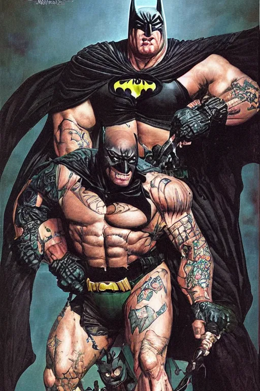 Image similar to full length portrait of hulking martyn ford as evil batman, by lawrence alma tadema and zdzislaw beksinski and norman rockwell and jack kirby and tom lovell and greg staples and michael alford