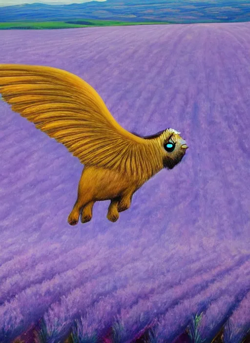 Prompt: A beautiful painting of one flying buffalo with wings in flight over glistening lavender fields at dawn