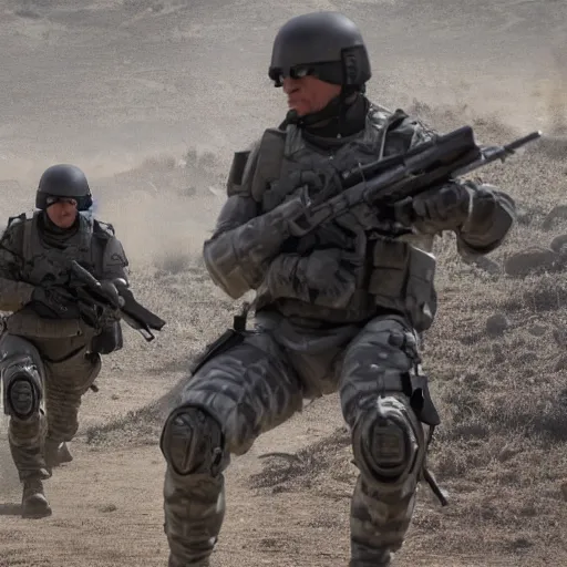 Image similar to Special Forces in grey uniform with black body armor under artillery fire in 2022, photo by Adam Ferguson, Pulitzer Winning, cinematic composition, breathtaking, modern, 2022