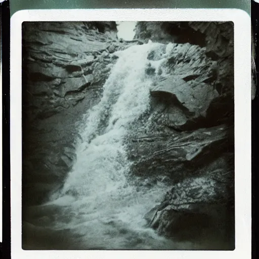 Prompt: a deep dark vertical shaft with rushing water, creepy, eerie, unsettling, terrifying, jagged rocks, dark, old polaroid, expired film,