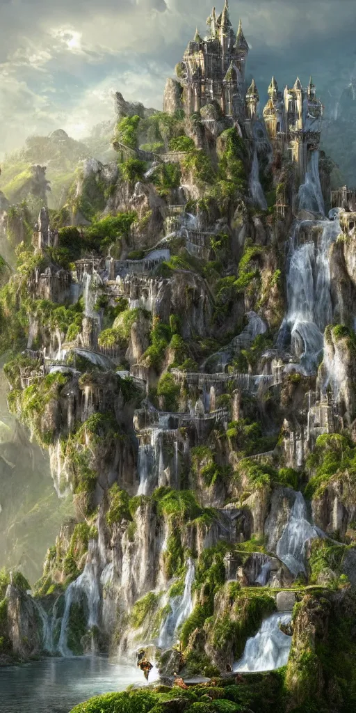 Image similar to a beautiful fantasy landscape of a large majestic castle adorned with gold linings and white marble walls from DND with lots of towers bridges and levels on top of a lush cliff with a huge waterfalls in the middle, ruins of structures at the bottom, afternoon light streaking with god rays, Dungeons and Dragons Castle, ornate, detailed, octane render, 8k, trending on artstation deviantart google images, pinterest, canon 35mm lens