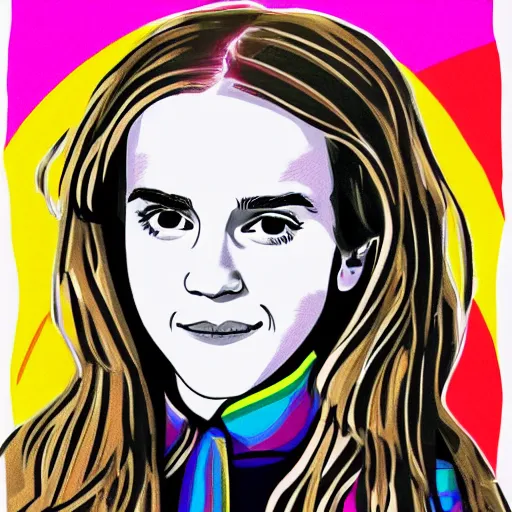 Image similar to rainbow emma watson age 1 3 as hermione. pop art.