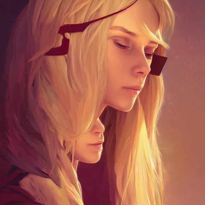 Image similar to blindfold handsome young women with shoulder length blonde hair, symmetrical, half body shot, path traced, highly detailed, high quality, digital painting, alena aenami, lilia alvarado, shinji aramaki, karol bak, alphonse mucha, tom bagshaw