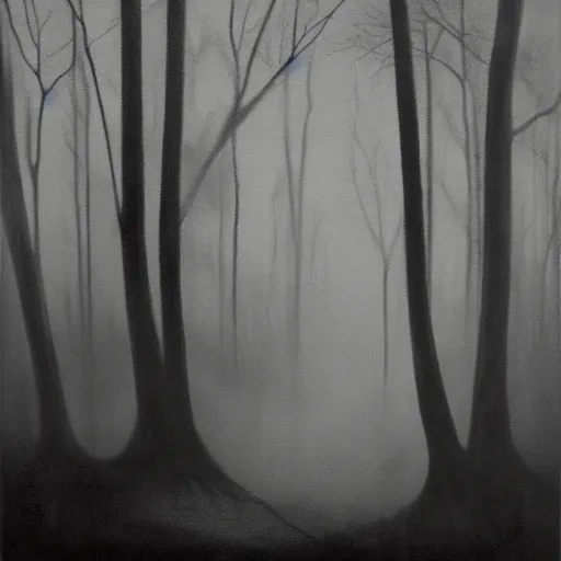 Prompt: a Stephen Gammell style black and white oil painting of a shadowy figure standing in a clearing in the middle of a dark forest