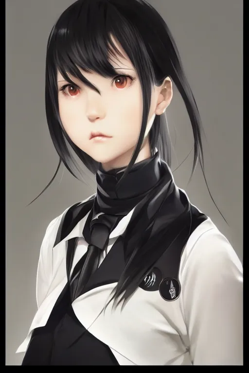 Image similar to Gorgeous realistic japanese schoolgirl with black hair, in black uniform, very detailed eyes. By ilya kuvshinov, krenz cushart, Greg Rutkowski, trending on artstation